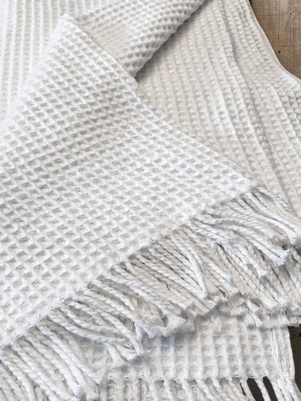 Roca Home White Waffle Weave Throw Blanket 50x67 Fringe Made in Portugal